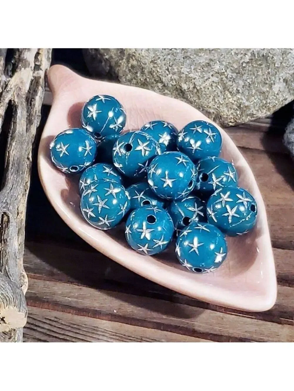 10 Vintage Retro Teal Green Silver Stars 12mm Round Acrylic Shabby Beads